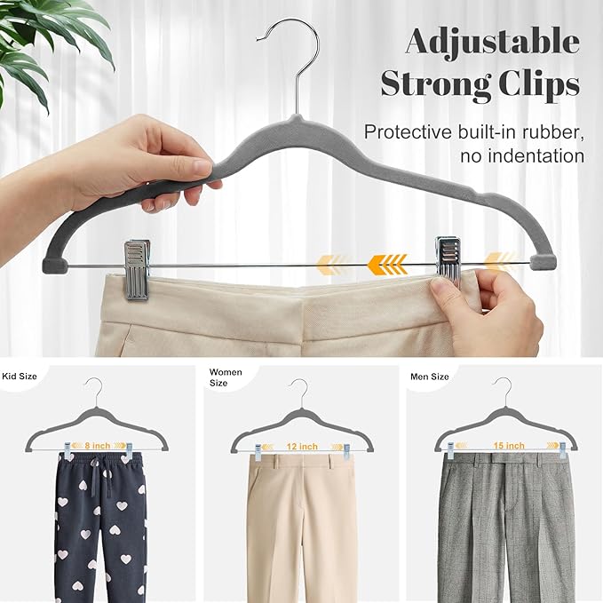 HOUSE DAY Velvet Skirt Hangers 12 Pack, Gray Velvet Pant Hangers with Adjustable Clips, Space Saving Slim Shorts Hanger, Heavy Duty Non Slip Clip Hanger for Pants, Skirts, Shorts