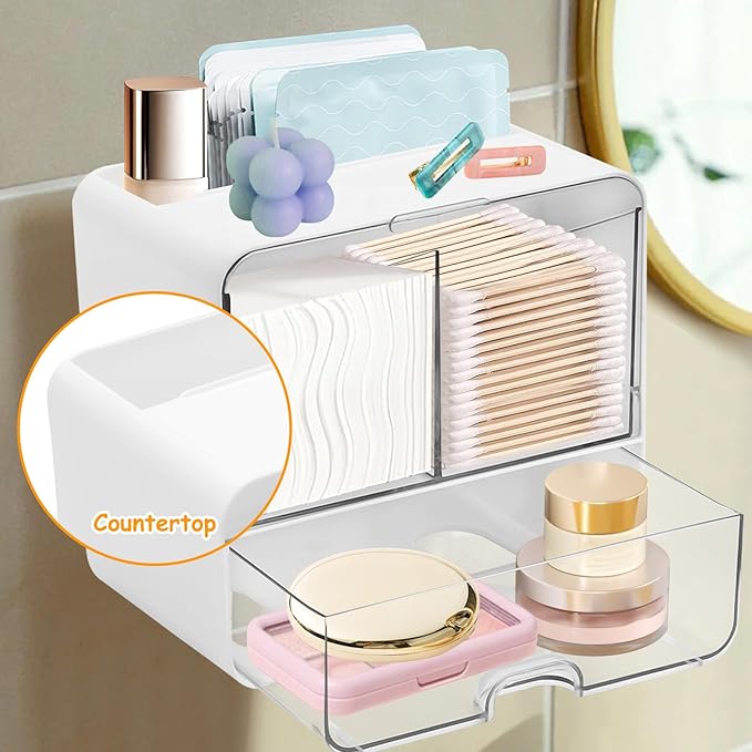Wall Mounted Pad and Tampon Holder, Feminine Product Organizer With Drawer and Lid Wall Mounted Qtip Holder, Cotton Pad Holder for Cotton Swab, Makeup Pads, Hair Clips
