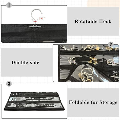 1 Pack Hanging Jewelry Organizer 80-Pocket Dual-sided Jewelry Storage for Earring Necklace Bracelet Ring Travel Holder, Black
