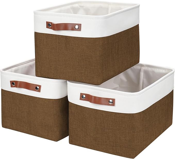 Bagnizer Storage Bins Large Fabric Storage Baskets for Shelves 3 Pack, Decorative Linen Closet Baskets with Handles for Organizing, Shelf, Clothes, Home, Office, 15x11x9.5Inches (Brown&White)