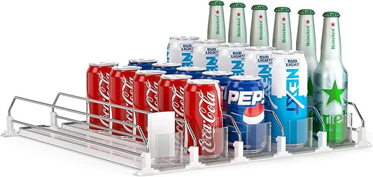 Soda Can Dispenser for Refrigerator,Self-Pushing Drink Organizer for Fridge, Width Adjustable Fridge Organization, Beer Pop Can Water Bottle Drink Dispenser for Fridge (15.1"D) White (5 Row, White)