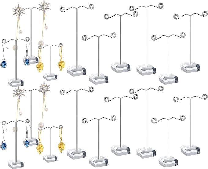 Macarrie 18 Pcs Metal Earring Holder T Bar Earring Display Stand Organizer Countertop Hanger Hanging Jewelry Towers with Acrylic Base(Clear)
