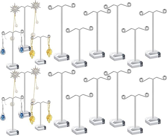 Macarrie 18 Pcs Metal Earring Holder T Bar Earring Display Stand Organizer Countertop Hanger Hanging Jewelry Towers with Acrylic Base(Clear)