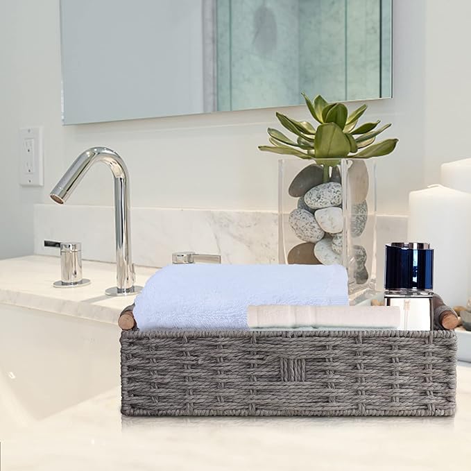 Round Paper Rope Storage Basket Wicker Baskets for Organizing with Handle Decorative Storage Bins for Countertop Toilet Paper Basket for Toilet Tank Top Small Baskets Set,Grey