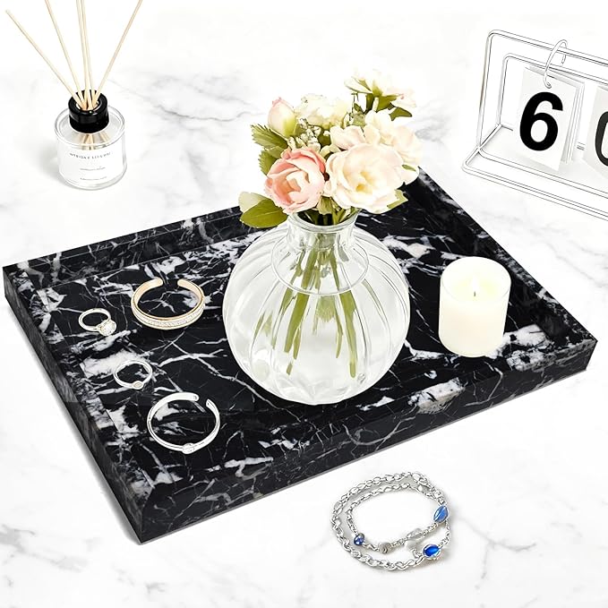 Pure Natural Marble Tray for Bathroom, Dresser, Sink. Cosmetics, toiletries, perfumes, Jewelry, Candles, etc. can be Placed (Black Onyx, 12" x 8" x 1.2")