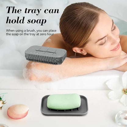 2-in-1 Silicone Soap Holder & Brush Set with Built-in Soap Saver Compartment, Includes a Leak-Proof soap Tray+Brush, Unbreakable&Noise-Free, Soap Dish with Soft Brush, Brush with Soap Dish(Dark Grey)