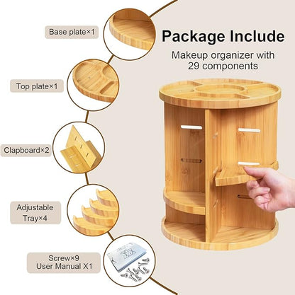 VVW Rotating Bamboo Makeup Organizer,360 Degree Spinning Adjustable Bamboo Vanity Makeup Holder Rack,Large Capacity Cosmetics Storage Display Box,Fits Makeup,Skincare,Cologne (Beige1)