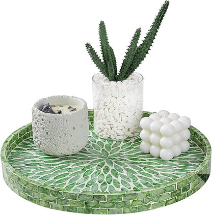 12.5" Lazy Susan for Table Top – Mother of Pearl Spinning Turntable Serving Tray, Marble Lazy Susan Organizer for Dining Table Centerpiece, Kitchen Island Decor, Bathroom Counter, Outdoor Use (Green)