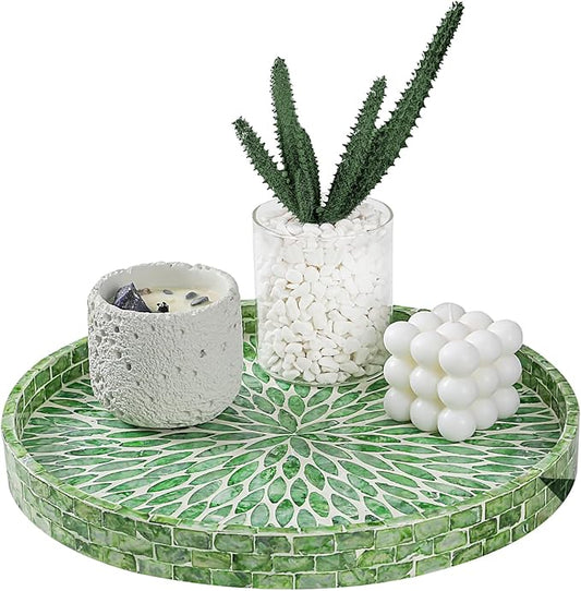 12.5" Lazy Susan for Table Top – Mother of Pearl Spinning Turntable Serving Tray, Marble Lazy Susan Organizer for Dining Table Centerpiece, Kitchen Island Decor, Bathroom Counter, Outdoor Use (Green)