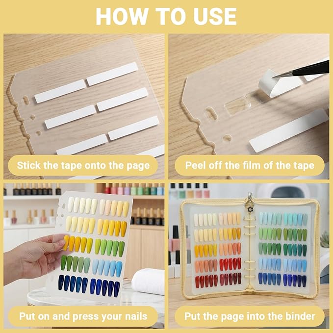Segbeauty Nail Polish Display Storage with A5 Zipper Binder, Press on Nails Sample Swatches with 240 Fake Nail Tips, Nails Color Sample Book with Adhesive Tape, Manicure Salon Art Accessories, Yellow