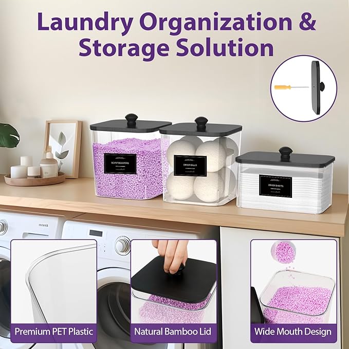 COAZEX 2+1 Pack Clear Laundry Pods Container & Dryer Sheet Holder, Plastic Square Laundry Room Organization and Storage Jars with Black Lids, Scoops & Labels for Detergent, Powder, Dryer Balls