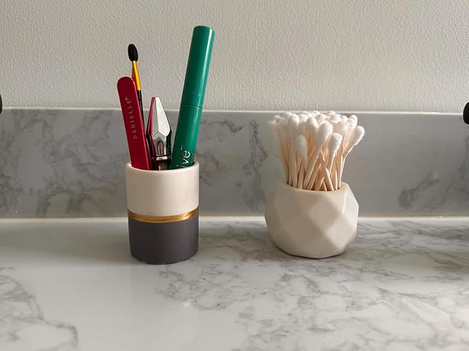 Qtip Holder - White/Navy with Gold Stripe - Q Tip Holder for Bathroom, Bathroom Vanity Decor, Floss Pick Holder, Cotton Swab Holder, Bathroom Sink Decor, Flosser Holder, Cute Bathroom Decor
