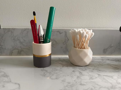 Qtip Holder - White/Navy with Gold Stripe - Q Tip Holder for Bathroom, Bathroom Vanity Decor, Floss Pick Holder, Cotton Swab Holder, Bathroom Sink Decor, Flosser Holder, Cute Bathroom Decor
