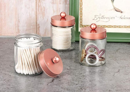 Amolliar Apothecary Jars Bathroom Storage Organizer -Countertop Storage Organizer Canister - Attractive Qtip Dispenser Holder Glass with Lid- for Cotton Swabs,Bath Salts,Hair Band / 2-Pack(Rose Gold)