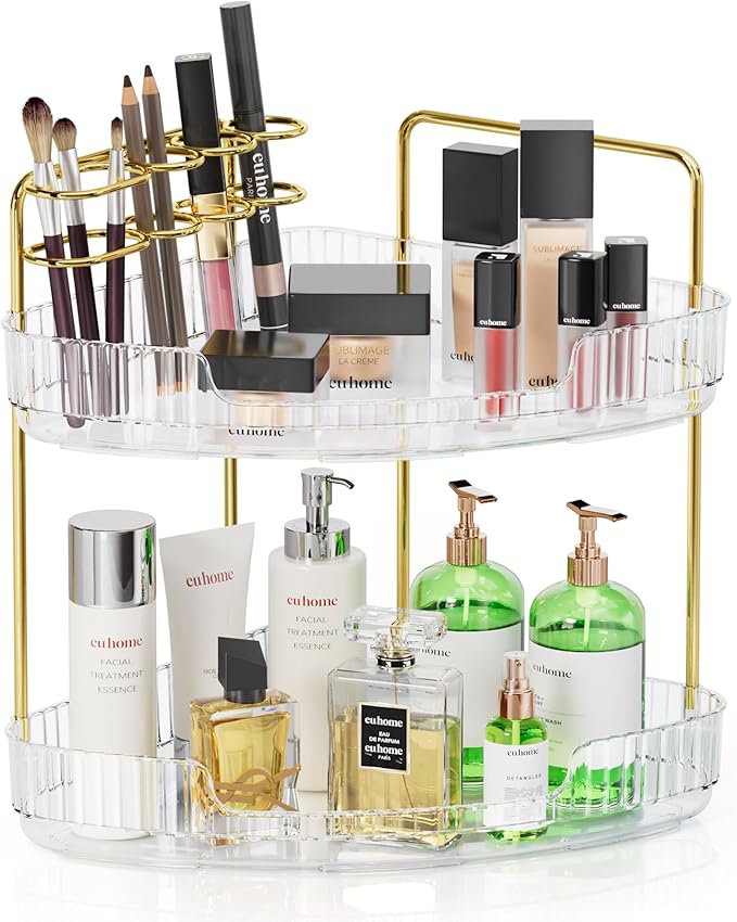 EUHOME 2-Tier Corner Bathroom Organizer Counter - Acrylic Makeup Skincare Organizer with Brush Holder, Perfume Tray for Countertop, Vanity, Dresser, Kitchen（Clear）