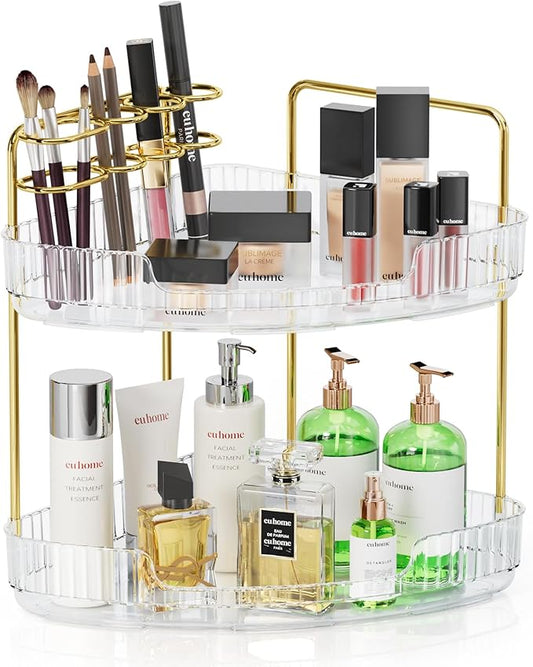 EUHOME 2-Tier Corner Bathroom Organizer Counter - Acrylic Makeup Skincare Organizer with Brush Holder, Perfume Tray for Countertop, Vanity, Dresser, Kitchen（Clear）