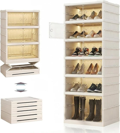 Folding Shoe Storage Cabinet with Clear Magnetic Doors, 6-Tier No-Assembly Shoe Rack Organizer, Stackable Large Capacity Shoe Box for Entryway, Closet, Fits Boots & Sneakers