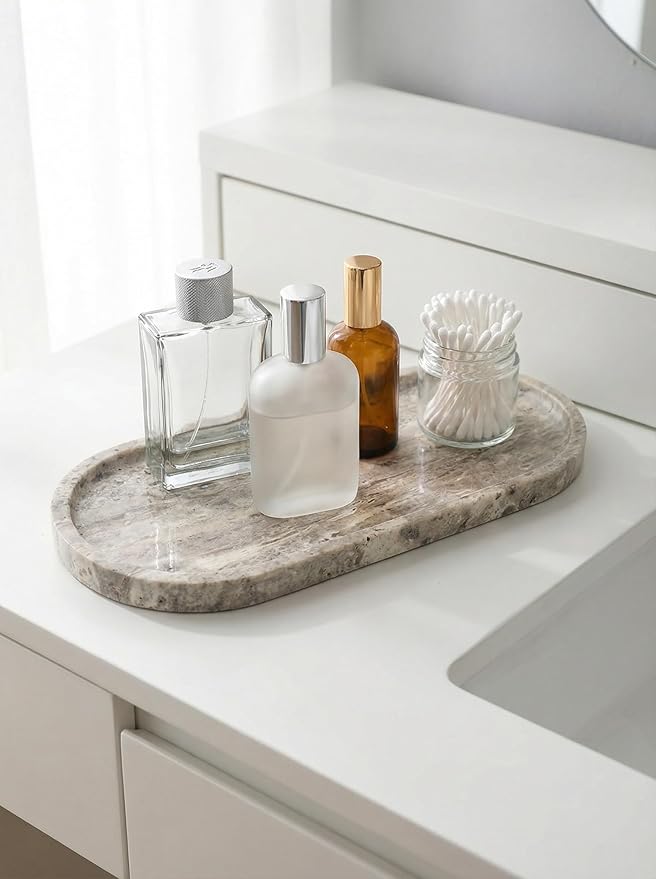 OOBOOB Oval Natural Marble Tray,Elegant Vanity Organizer for Jewelry, Perfume, Decorative Serving Tray for Coffee, Tea, or Dining Table Centerpiece,Countertop Storage Organizer for Home Bathroom