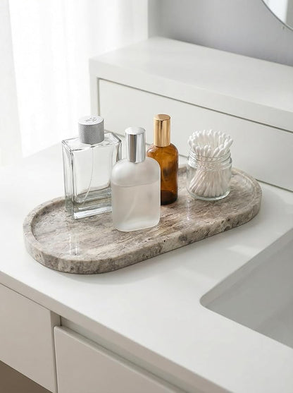 OOBOOB Oval Natural Marble Tray,Elegant Vanity Organizer for Jewelry, Perfume, Decorative Serving Tray for Coffee, Tea, or Dining Table Centerpiece,Countertop Storage Organizer for Home Bathroom