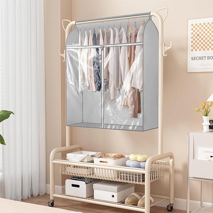Garment Bags for Hanging Clothes Storage Closet Garment Rack Cover Dust Proof Coat Protector for Suits Jackets with Large Clear Window (Grey)