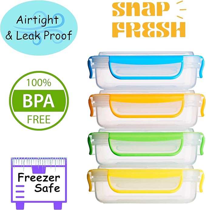 Snap Fresh - 4 Pack of Fun Size Leakproof Sandwich Containers - Reusable, BPA Free Sandwich Boxes. Airtight Seal. Also Great for Salads, Snacks, Fruit, Treats and Food Storage.