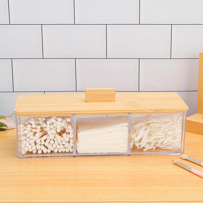 Wood Qtip Holder 3 Compartments Cotton Ball and Swab Holder Organizer with Lid,Jar for Cotton Rounds,Bathroom Containers,Clear Acrylic Desk Organizer for Makeup Pads,Cosmetics Bedroom