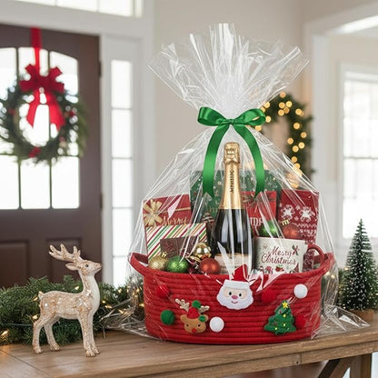 ShellKingdom Storage Basket with Handles, Empty Gift Basket with Gift Bags and Ribbon for Christmas, Small Woven Baskets for Home, Nursery Storage Organizer, 12 X 8 X 5 INCH, Christmas Red