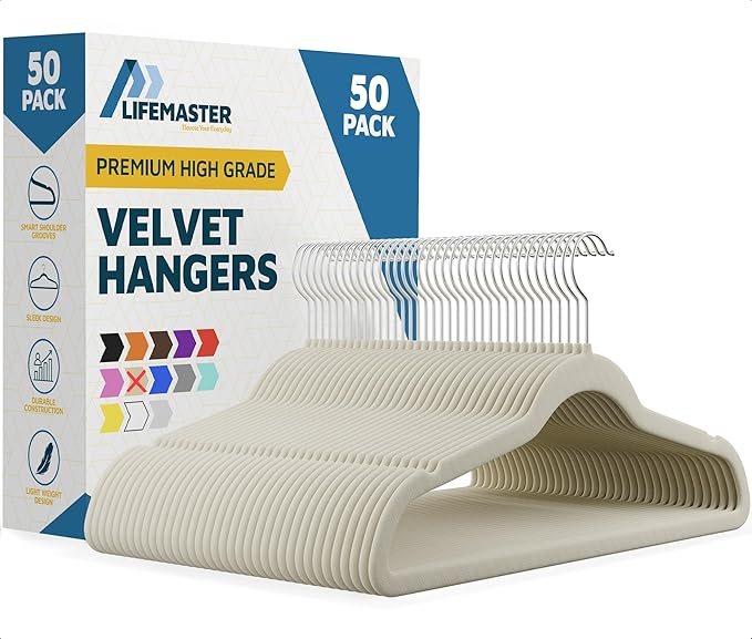 Lifemaster Velvet Non-Slip Hangers - 50 Pieces Non-slip Coat Hanger Set with 360° Swivel Hook, Space-Saving, Sleek Design, Keep Closet Organized, Smooth Velvet Finish, Lightweight Construction - Ivory