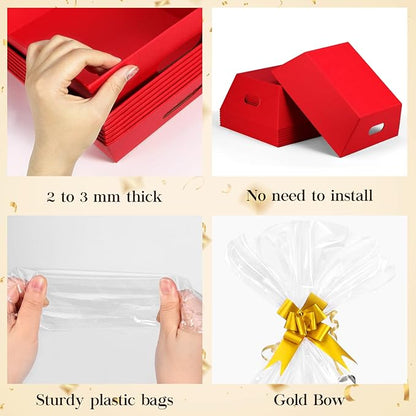 AFOROEOA 10PACK Red Baskets For Gifts Empty, 10x12”Thick Kraft Gift Basket with 10 Bows 10 Bags Empty Gift Baskets for Christmas, Easter, Birthdays, Snacks, Farmers Market