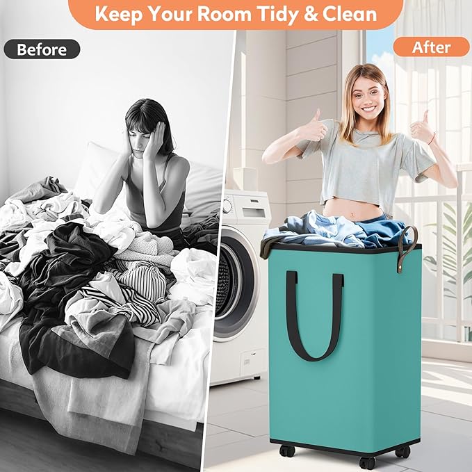 SpaceTrove Laundry Basket with Wheels, Collapsible Laundry Baskets, Laundry Hamper with Handles Detachable Wheels, Rolling Laundry Basket, Dirty Clothes Hamper for Bathroom, Dorm, Bedroom, Green, 100L