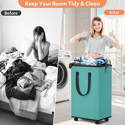 SpaceTrove Laundry Basket with Wheels, Collapsible Laundry Baskets, Laundry Hamper with Handles Detachable Wheels, Rolling Laundry Basket, Dirty Clothes Hamper for Bathroom, Dorm, Bedroom, Green, 100L