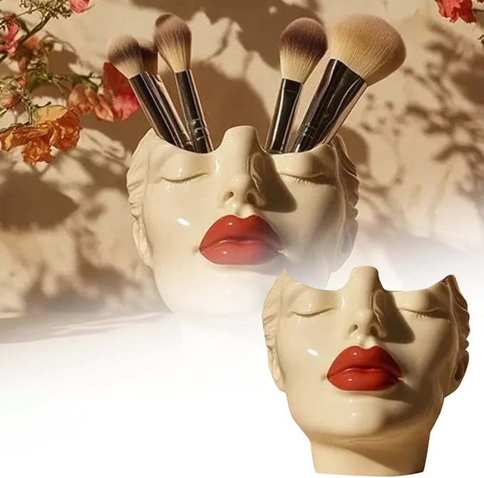 Women's Head Shape Boho Feminist Decoration, Minimalist Statue Storage Decor Face Makeup Brush Holder, Modern Statue Storage Makeup for Table Shelf Living Room Office (Beige 5.90 * 4.72 * 3.15in)