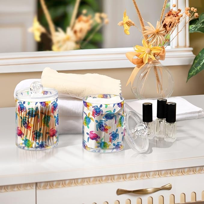 ALAZA 2pcs Multicolor Watercolor Sea Turtle Qtip Holder Dispenser 14 oz Bathroom Storage Clear Apothecary Jars Containers Cotton Ball,Cotton Rounds,Floss Picks, Hair Clips, Food