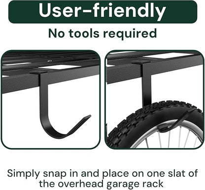 SunsGrove Heavy-Duty 4-Pack Overhead Garage Ceiling Storage Hooks, Add-On Storage Rail Hook Accessory for Hanging Bikes and More, Supports Up to 66lbs
