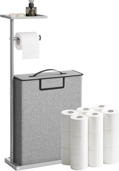 Freestanding Toilet Paper Holder Stand with Shelf for Up to 12 Rolls,Rustproof Metal Bathroom Toilet Paper Storage with Lid, All-in-One Toilet Tissue Roll Dispenser and Organizer,Gray