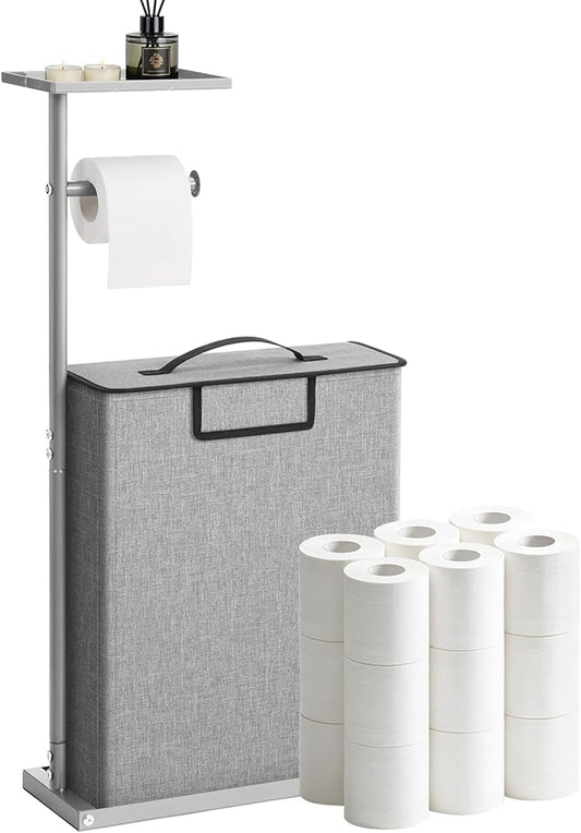 Freestanding Toilet Paper Holder Stand with Shelf for Up to 12 Rolls,Rustproof Metal Bathroom Toilet Paper Storage with Lid, All-in-One Toilet Tissue Roll Dispenser and Organizer,Gray