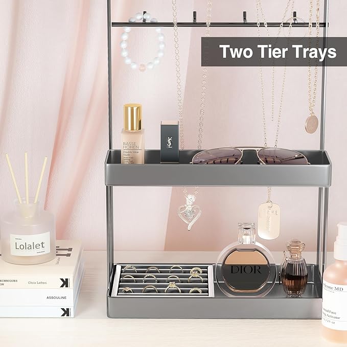 Lolalet 4-Tier Jewelry Organizer Stand with 12 Hooks, Necklace Bracelet Ring & Sunglasses Holder, Cute Metal Jewelry Storage Rack for Vanity, Dresser or Entryway, No Assembly -Grey