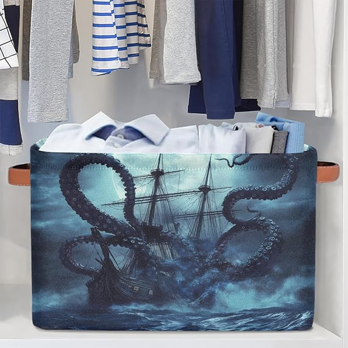 AUUXVA Storage Basket Ocean Kraken Nautical Pirate Ship Animal Octopus Storage Cube Box Durable Canvas Collapsible Toy Basket Organizer Bin with Handles for Shelf Closet Bedroom Home Office
