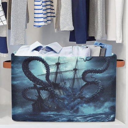 AUUXVA Storage Basket Ocean Kraken Nautical Pirate Ship Animal Octopus Storage Cube Box Durable Canvas Collapsible Toy Basket Organizer Bin with Handles for Shelf Closet Bedroom Home Office