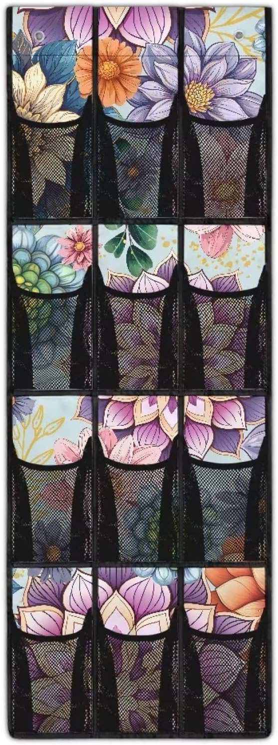 Bohemian Over The Door Shoe Organizer 12 Large Mesh Pockets for Boots Sundries Toys Space Saving Hanging Storage Shoe Rack for Closet