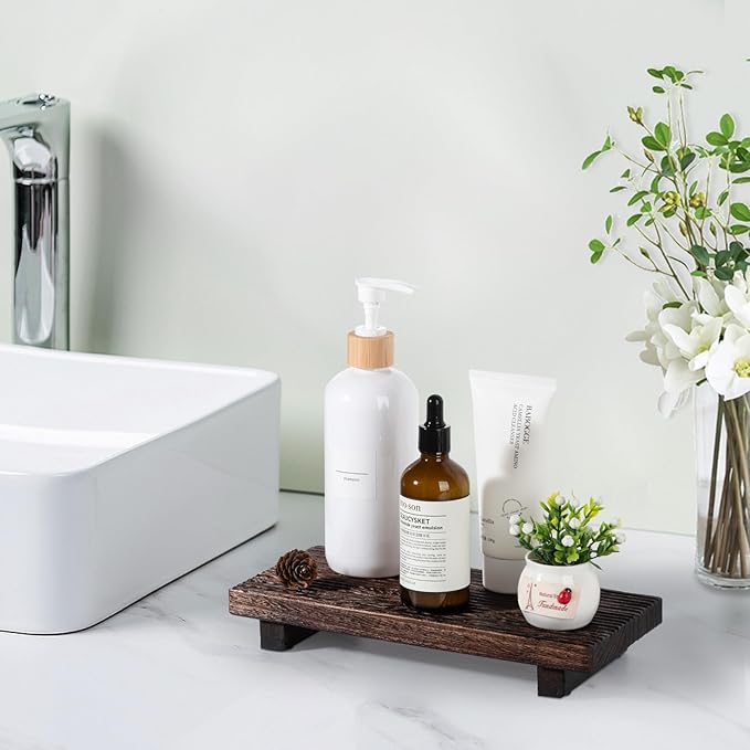 Bathroom Tray Farmhouse Decor Pedestal Stand Wood Riser Display Kitchen Accessories Soap Holder for Sink, Counter, Vanity, Dark Brown