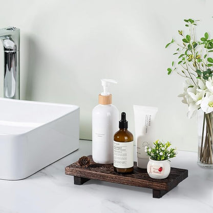 Bathroom Tray Farmhouse Decor Pedestal Stand Wood Riser Display Kitchen Accessories Soap Holder for Sink, Counter, Vanity, Dark Brown