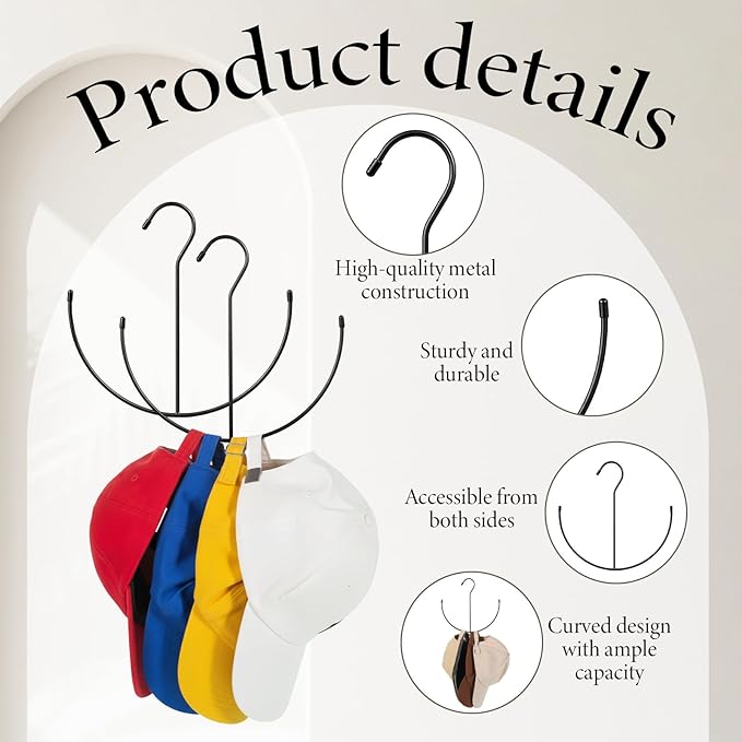 2 Pack Hat Hangers for Closet, Metal Closet Hat Organizer for Baseball Caps, Black Hats Racks Baseball Cap Holder