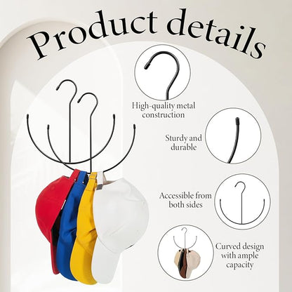 2 Pack Hat Hangers for Closet, Metal Closet Hat Organizer for Baseball Caps, Black Hats Racks Baseball Cap Holder