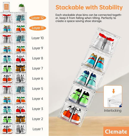 Clemate Upgraded X-Large Shoe Organizer,Shoe Storage Organizer,12 Pack,Shoe Box Clear Plastic Stackable,Drop Front Shoe Box with Clear Door, Shoe Containers For Sneaker Display,Fit up to US Size12
