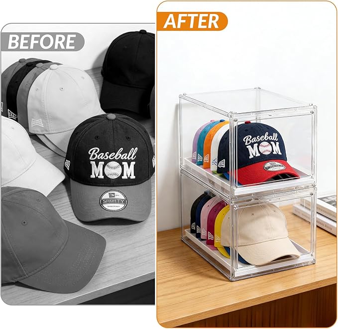 2 Pack Clear Hat Organizer Box, Stackable Cap Storage Display Case with Magnetic Door & Sliding Drawer Tray, Dustproof Hat Container Holds 10 Hats per Box (Clear, 2 Pack)