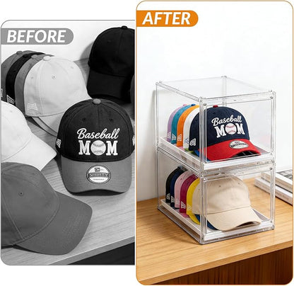 2 Pack Clear Hat Organizer Box, Stackable Cap Storage Display Case with Magnetic Door & Sliding Drawer Tray, Dustproof Hat Container Holds 10 Hats per Box (Clear, 2 Pack)
