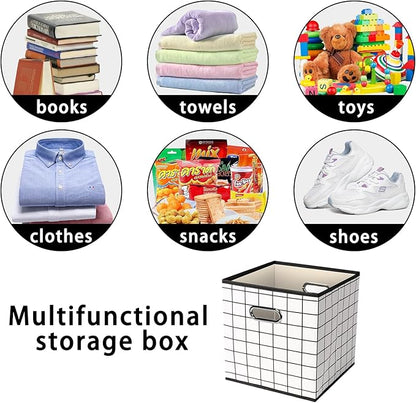 Fabric Cloth Storage Bins,Fabric Cube Organizer with Dual Handles Foldable Cube Storage Baskets for Home Bedroom Storage,Set of 6,(White grid)