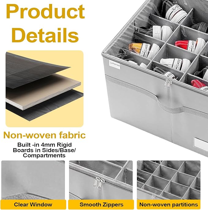 Shoe Organizer for Closet, Large Storage Box with 16 Compartments, Clear Vinyl Cover, Foldable, Heavy Duty, 21x16.5x13 Inches, Gray