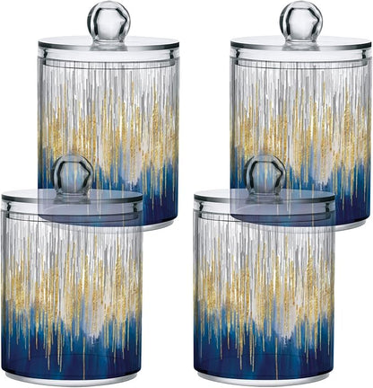 4 Pack Apothecary Jars with Lid, Gold & Blue, Qtip Holder Storage Jars for Cotton Swab, Cotton Round Pads, Clear Plastic Canisters for Bathroom Vanity Organization (10 Oz)